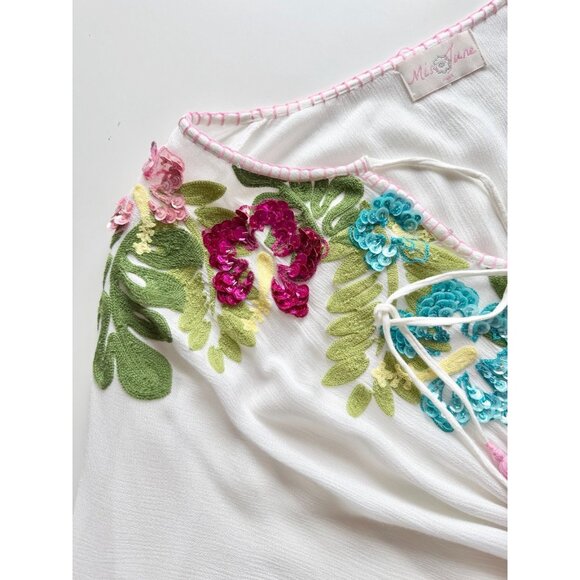 MISS JUNE White Sequin Embroidered Pink Tasseled Mini Caftan Cover Up, One Size - Picture 4 of 11